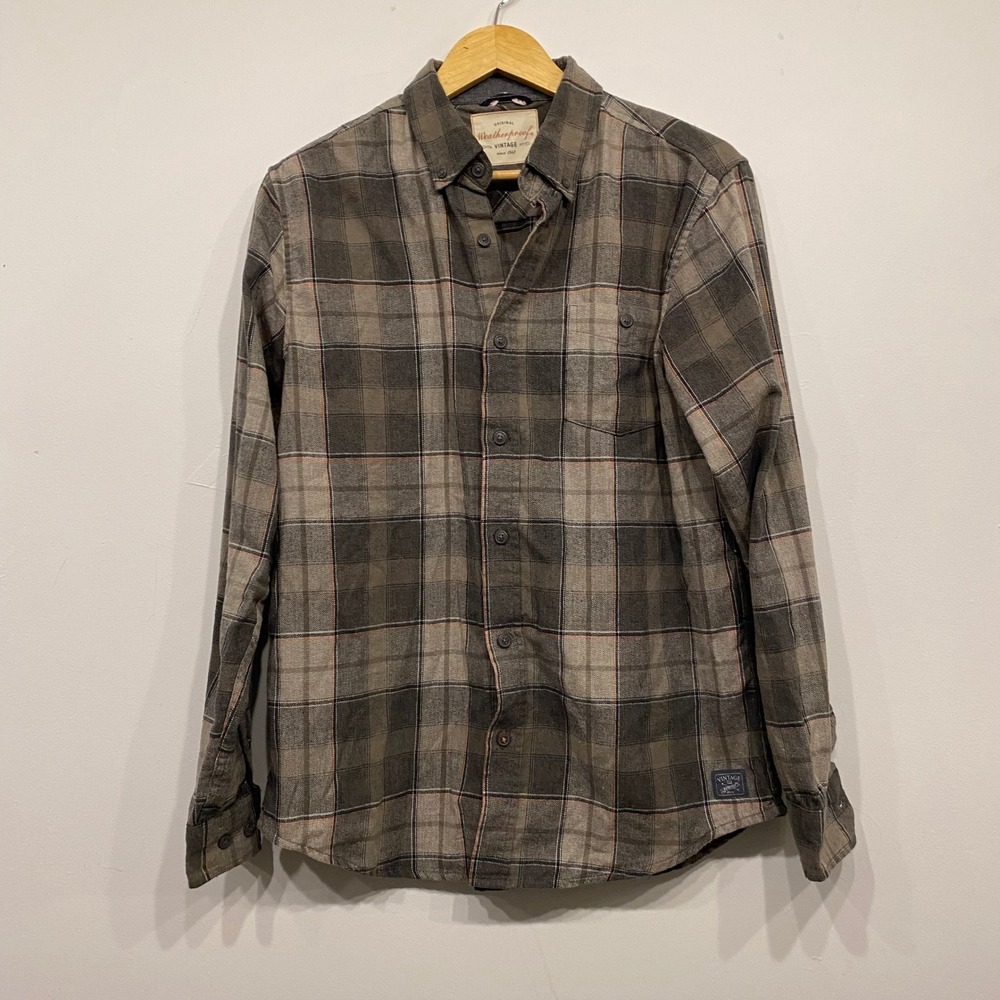Weatherproof Vintage Mens Brown Grey Plaid Flannel Button Down Shirt Size Medium